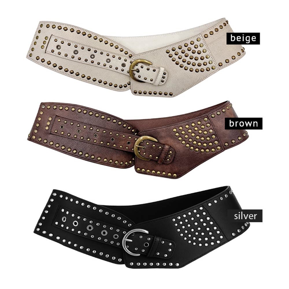 Studded Leather Corset Statement Belt - Beige, Brown, or Black